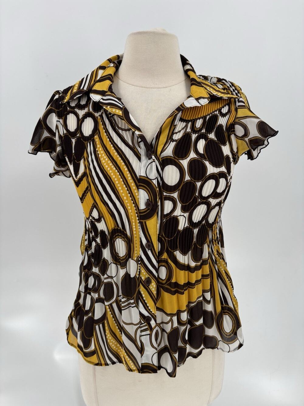 SereNade Blouse Womens Large Yellow Brown White Y2K Retro Pleated Button Ruffle